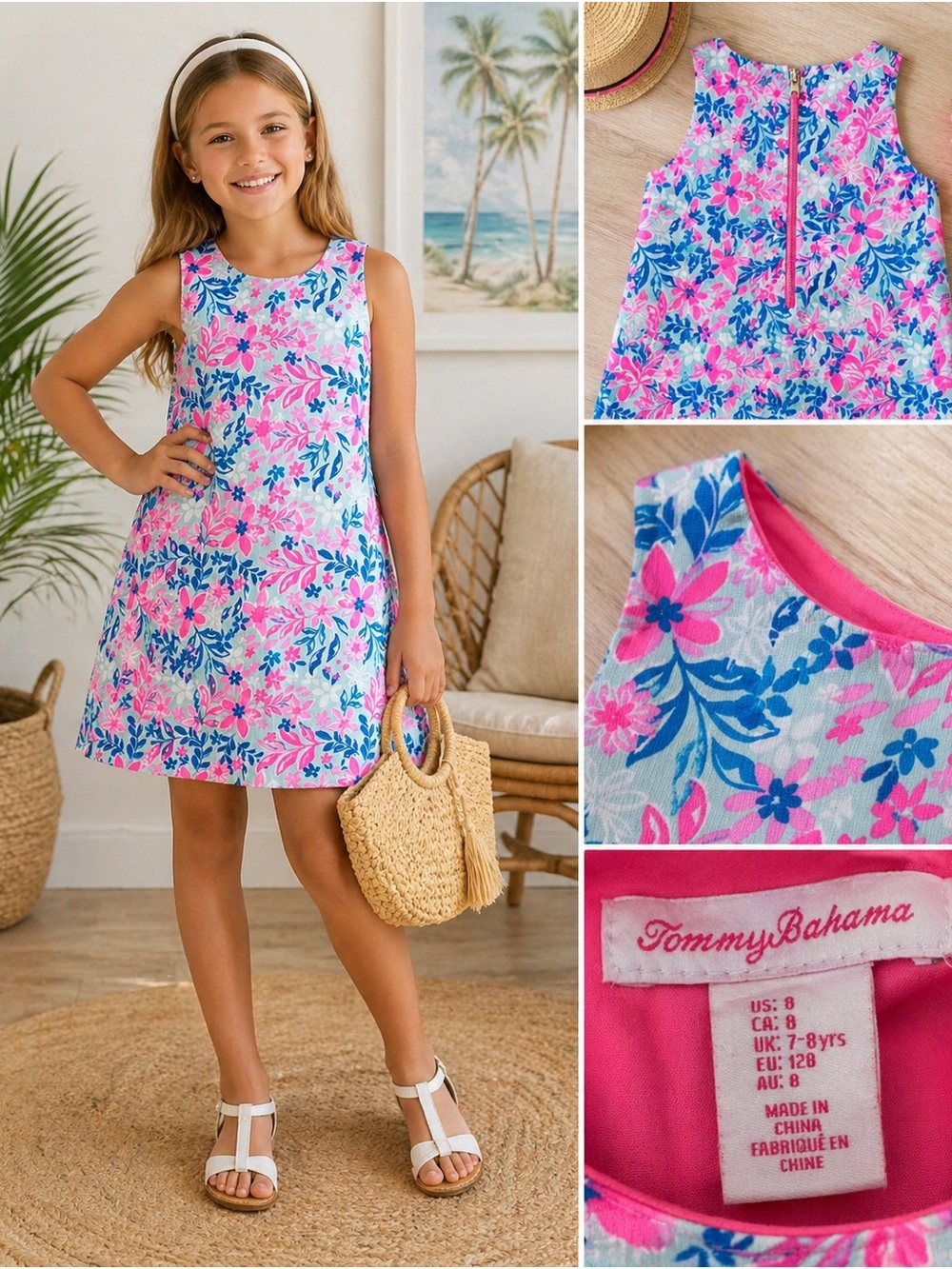 Tommy Bahama Girls Floral Dress Size 8 Pink Blue Sleeveless - Picture 1 of 6